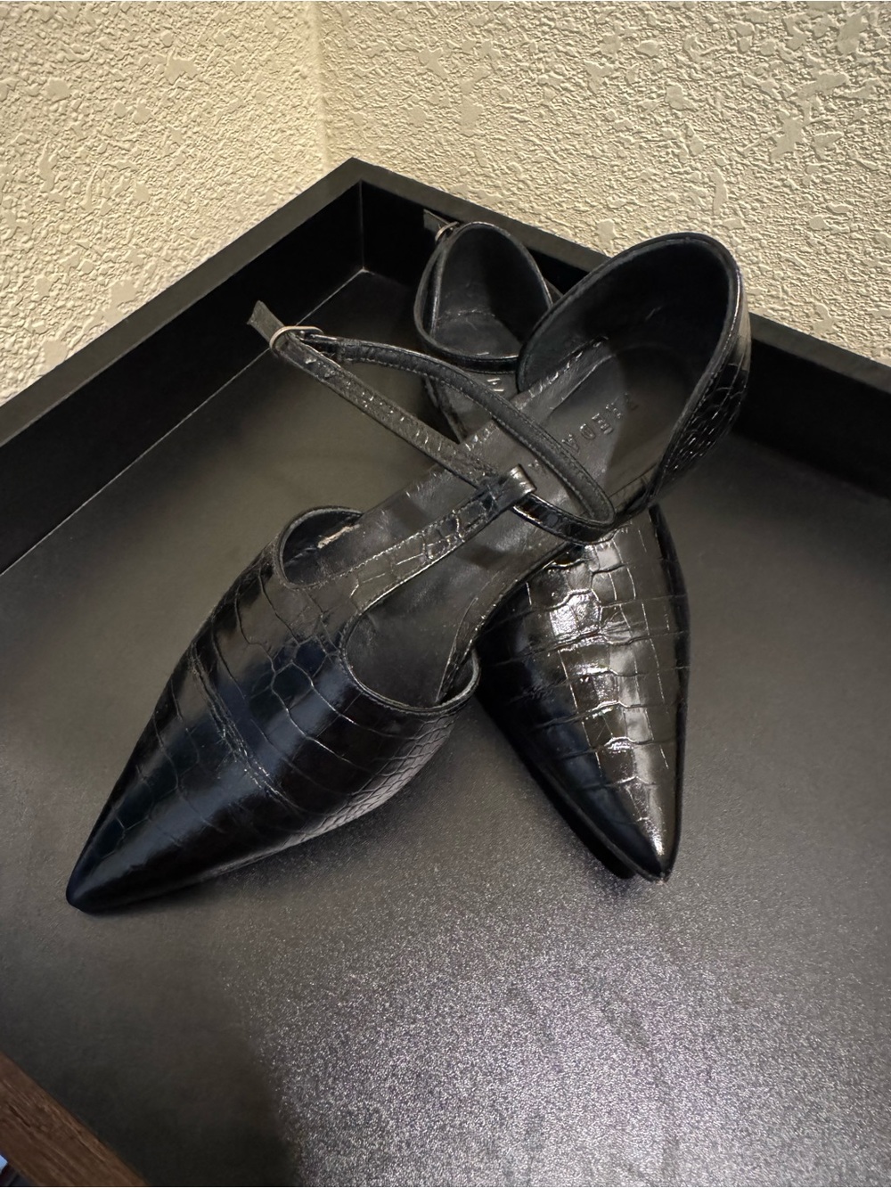 Freda Salvador Black Croc-Embossed Pointed T-Strap Flats